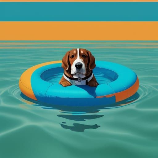 Basset Hound on an Innertube in a Mountain Lake, in Vibrant ...