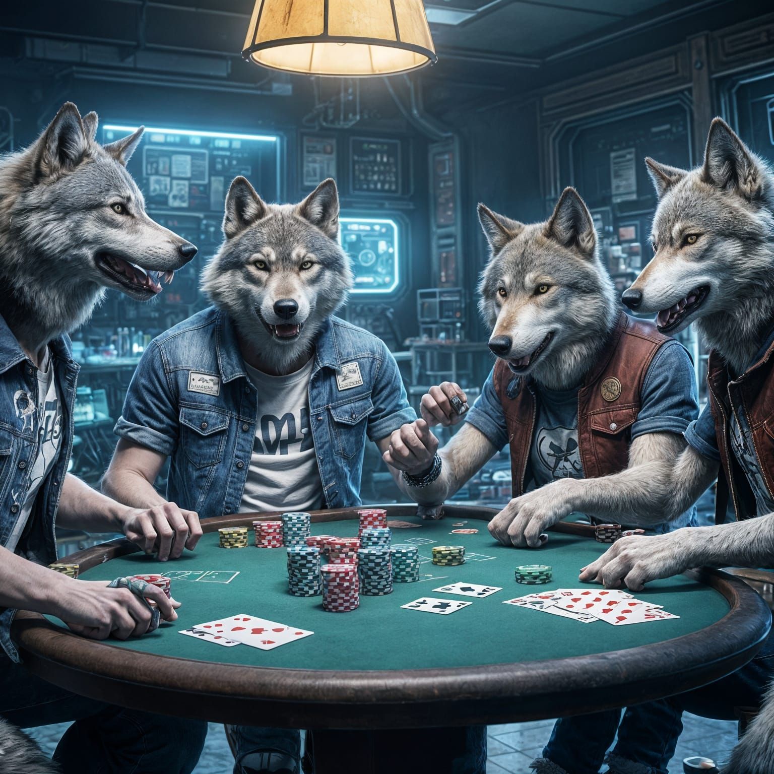 Wolves Playing Poker in Electronics Lab: Detailed Matte Pain...
