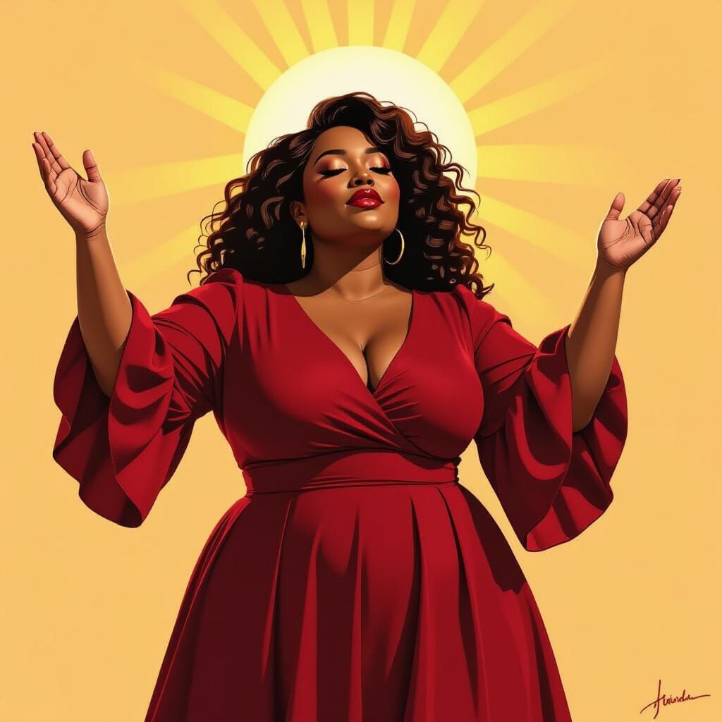 Black Woman in Burgundy Dress Reaching for Sunlight