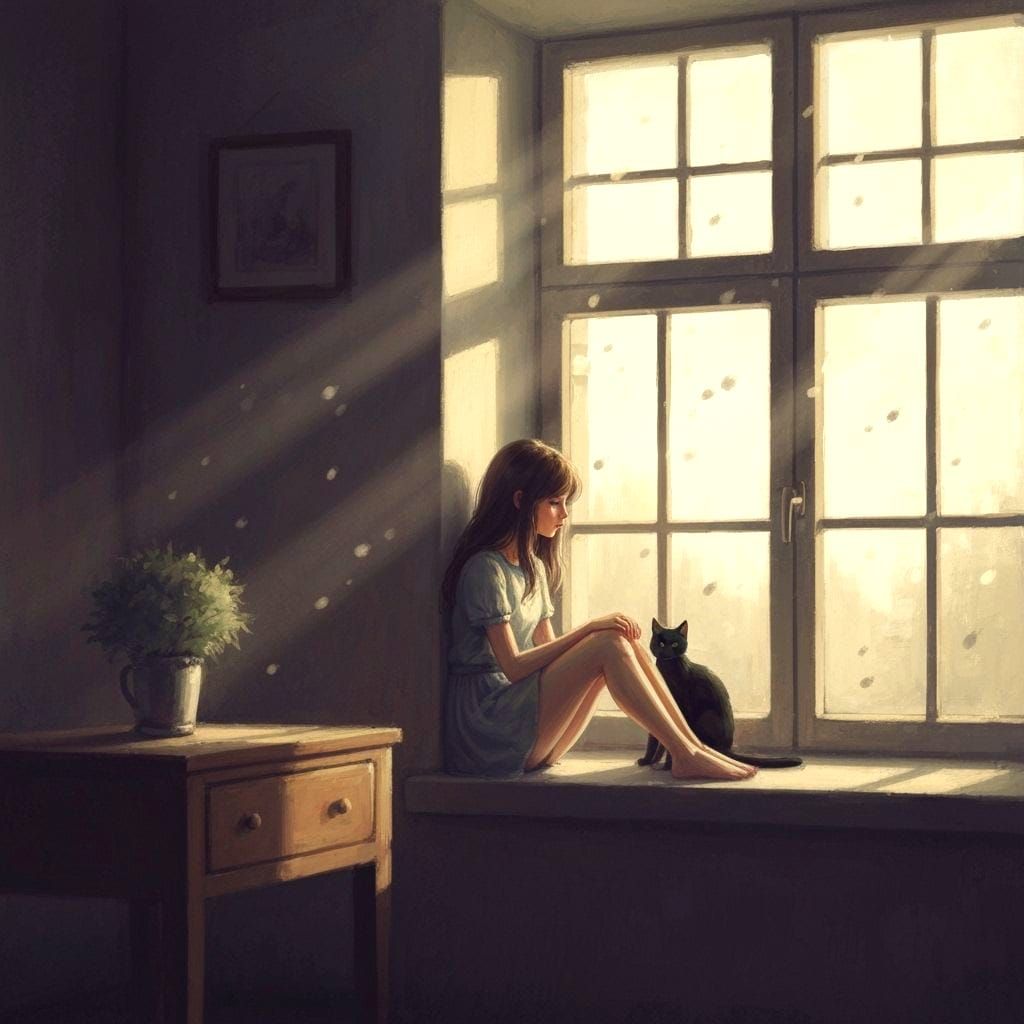 Girl with Cat by Window, Impressionistic Painting