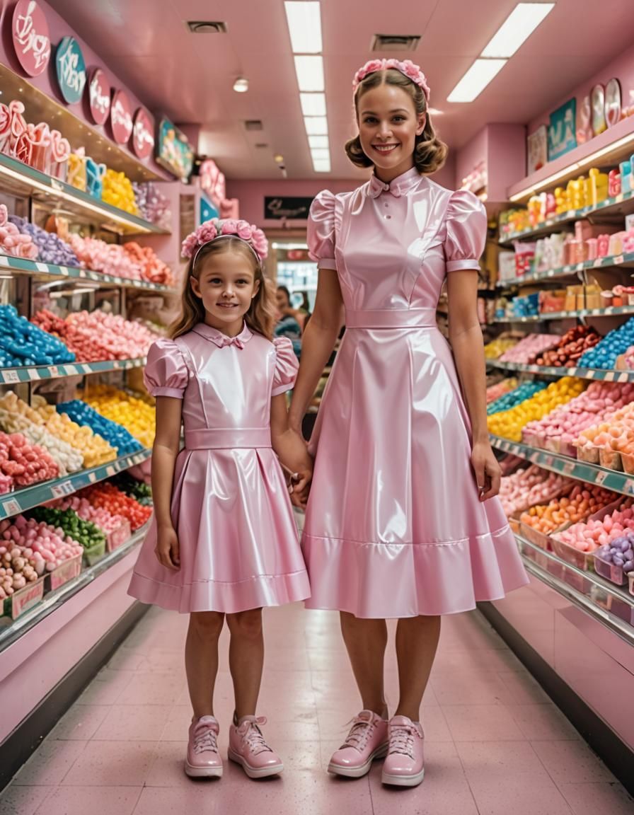 Matching Pink Dresses in Candy Store, Digital Art