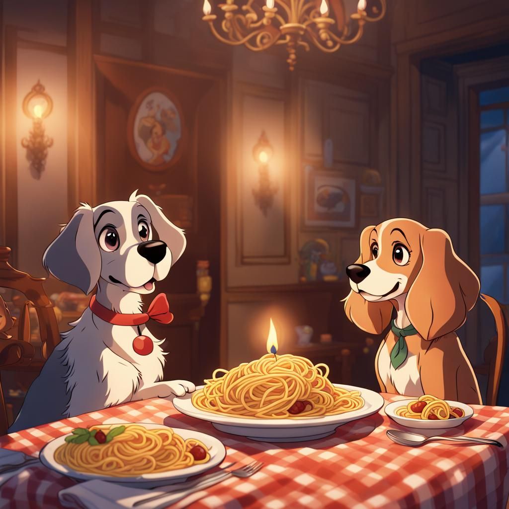 Dogs Enjoying Spaghetti Dinner in Anime Style
