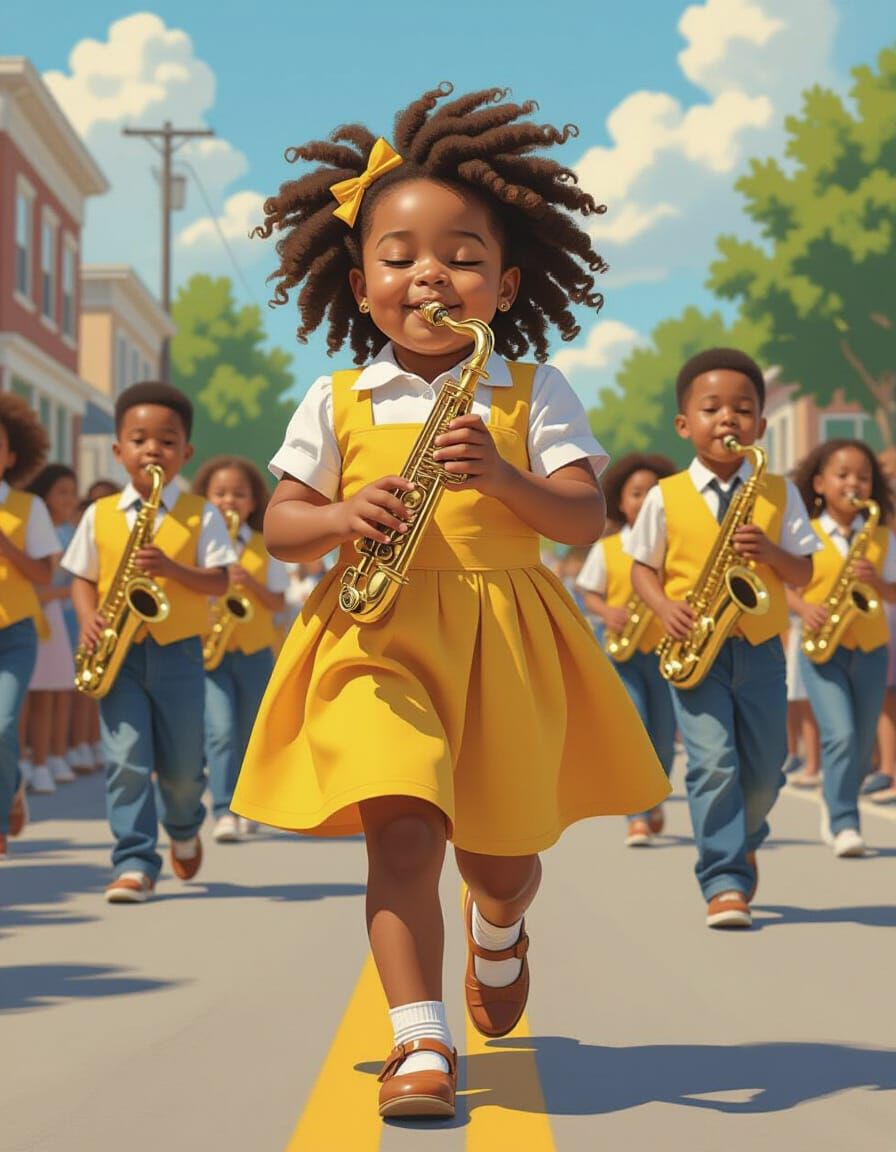 Joyful Black Girl Plays Harmonica in School Band Parade