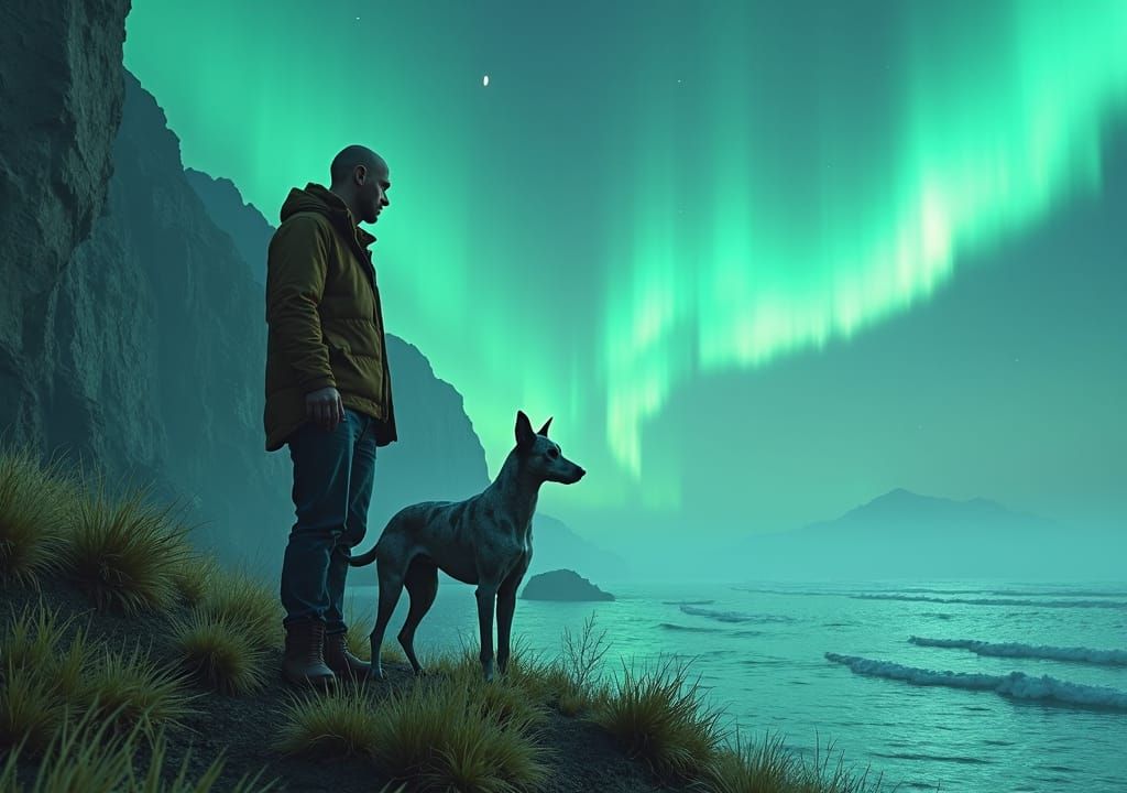 Ethereal Cliffside Vista with Man and Dog
