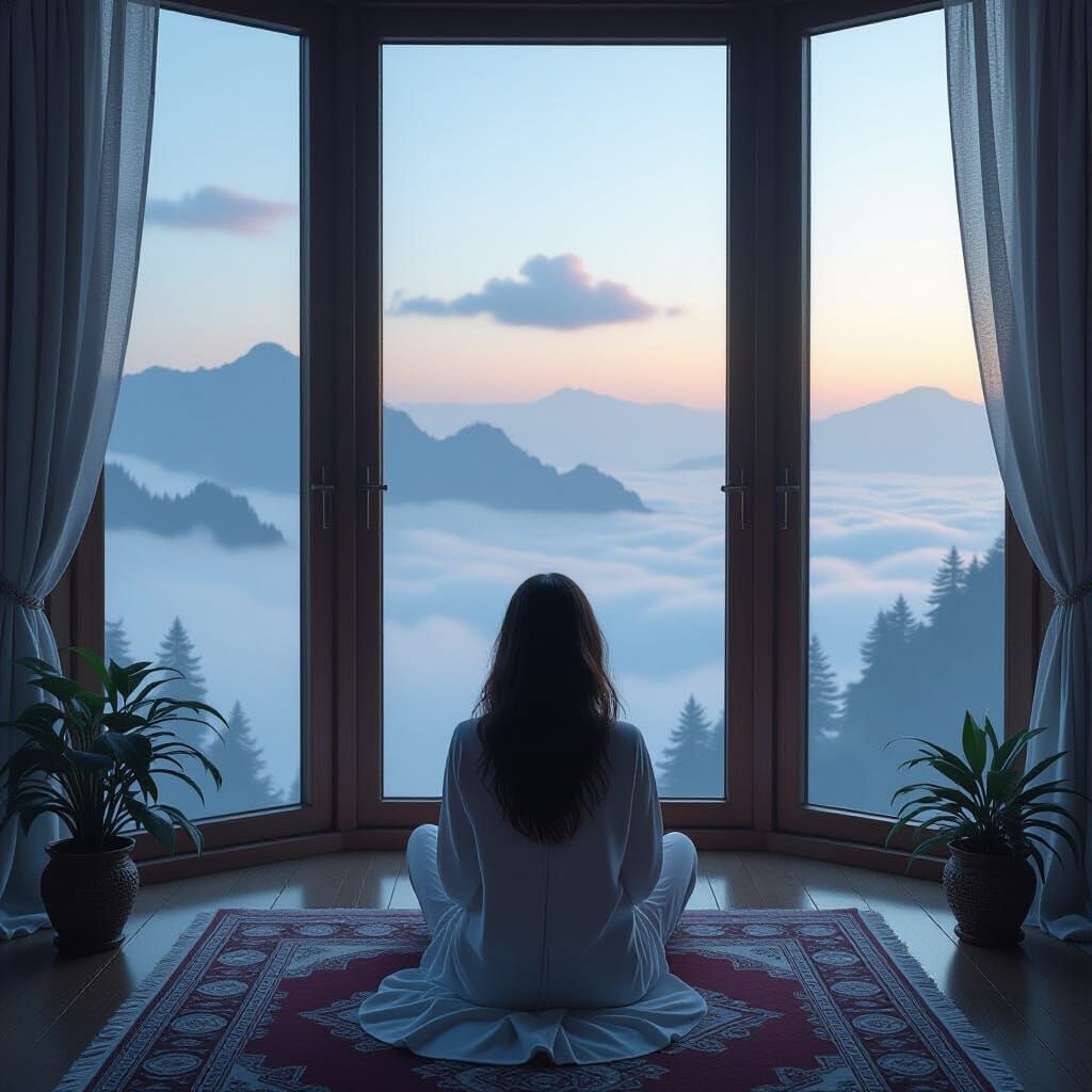 Dreamy Room with Serene Woman in Ethereal Smog