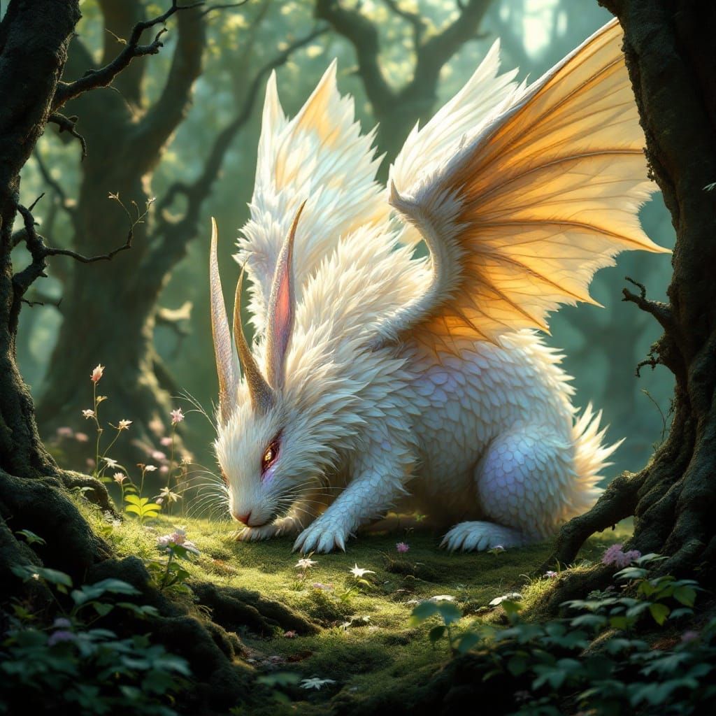 Mystical White Dragon Rabbit in Ancient Elven Woods