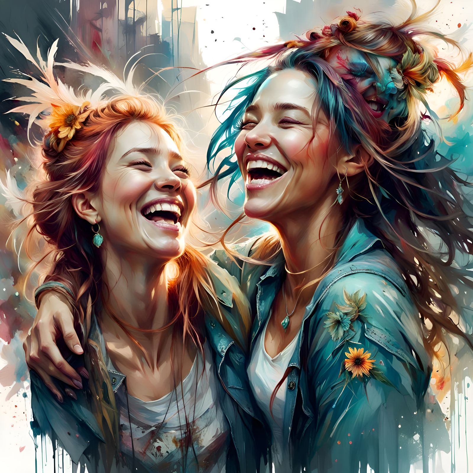 Two Happy Girls Laughing, Digital Art