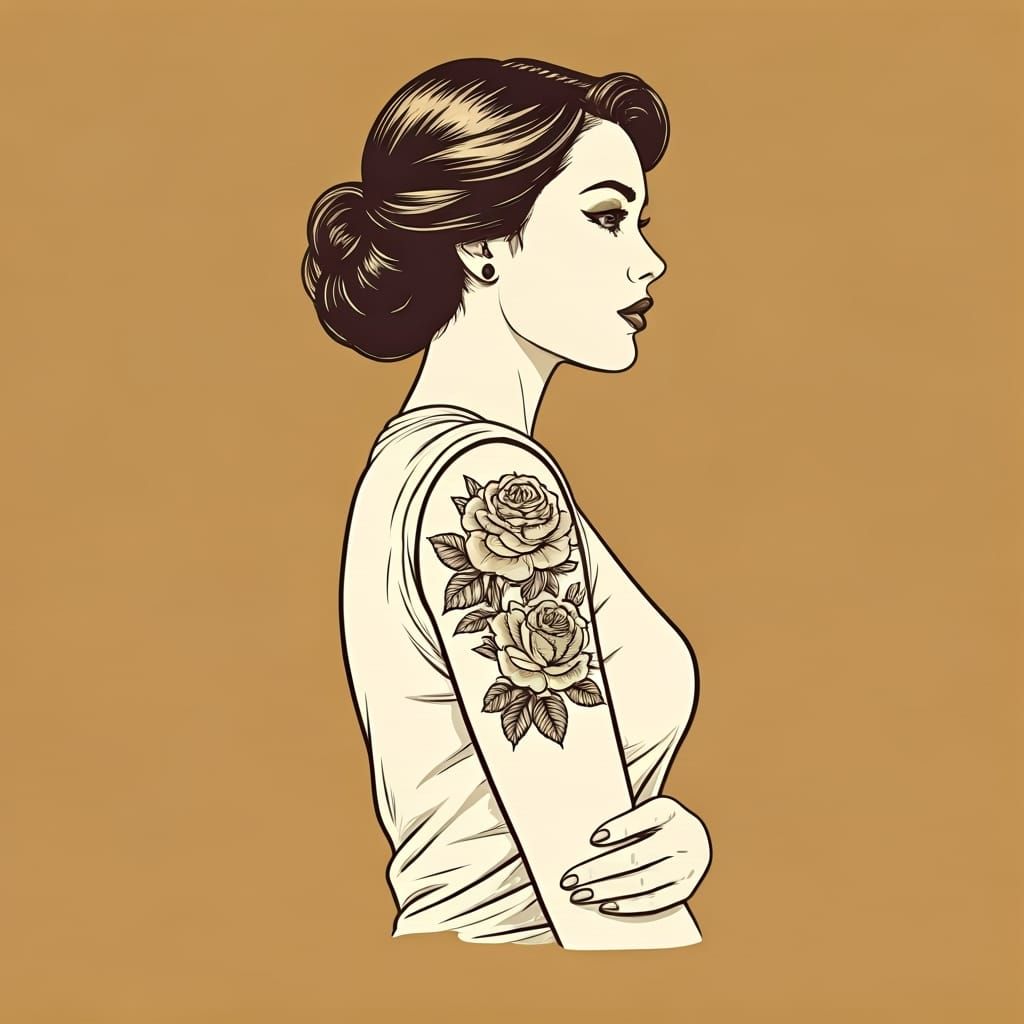 Retro Ink Drawing of Woman with Rose Tattoo