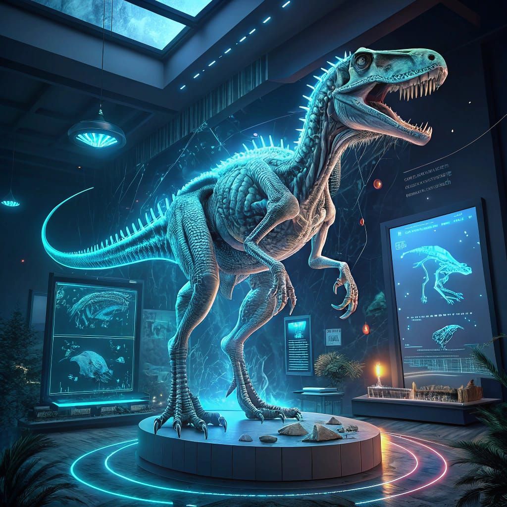 Hyper-Realistic Velociraptor Hologram in Cyberpunk Style