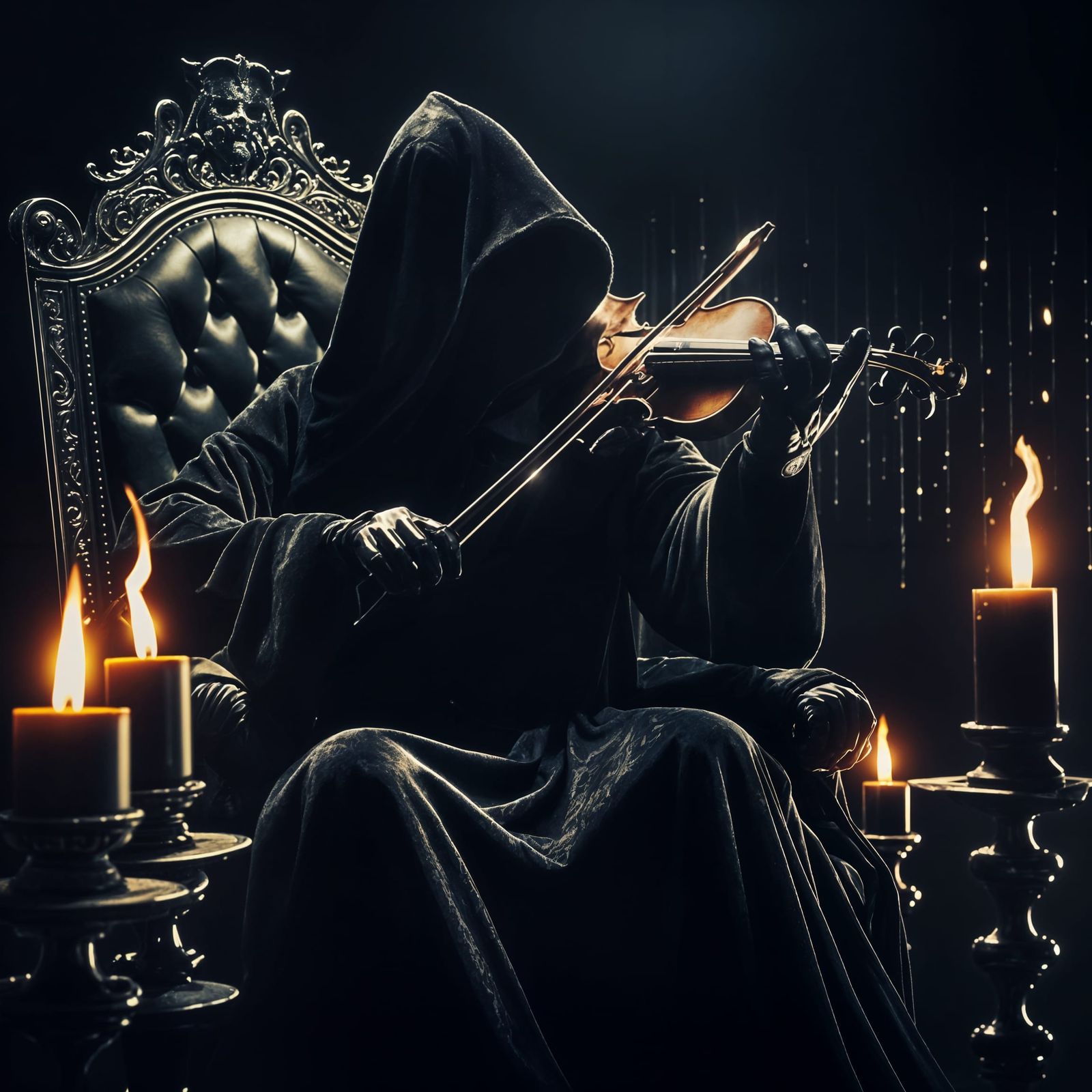 Hooded Violinist on Throne with Dramatic Lighting