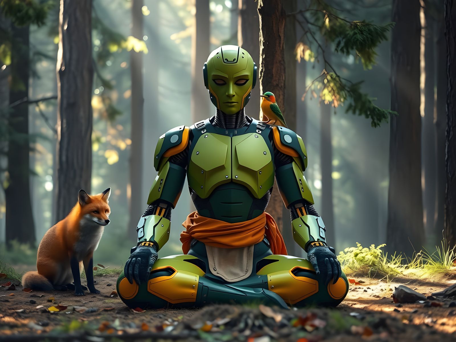 Enlightened Robot Guru Meditates in Ancient Forest