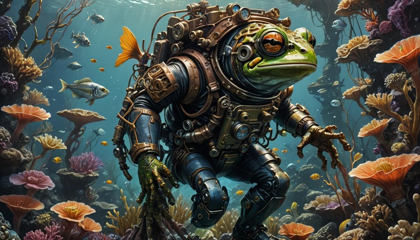 Steampunk Tree Frog Aquanaut in Underwater Coral Reef