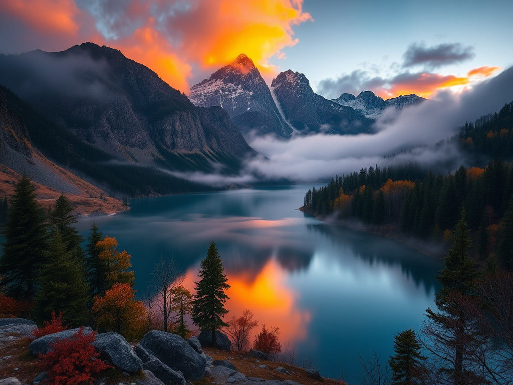Misty Mountain Lake at Dawn in Autumn Colors
