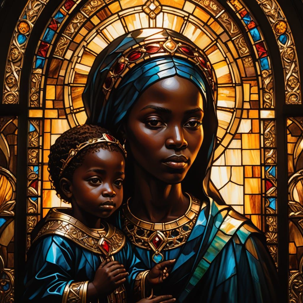 Gothic Stained Glass: Black African Madonna and Child