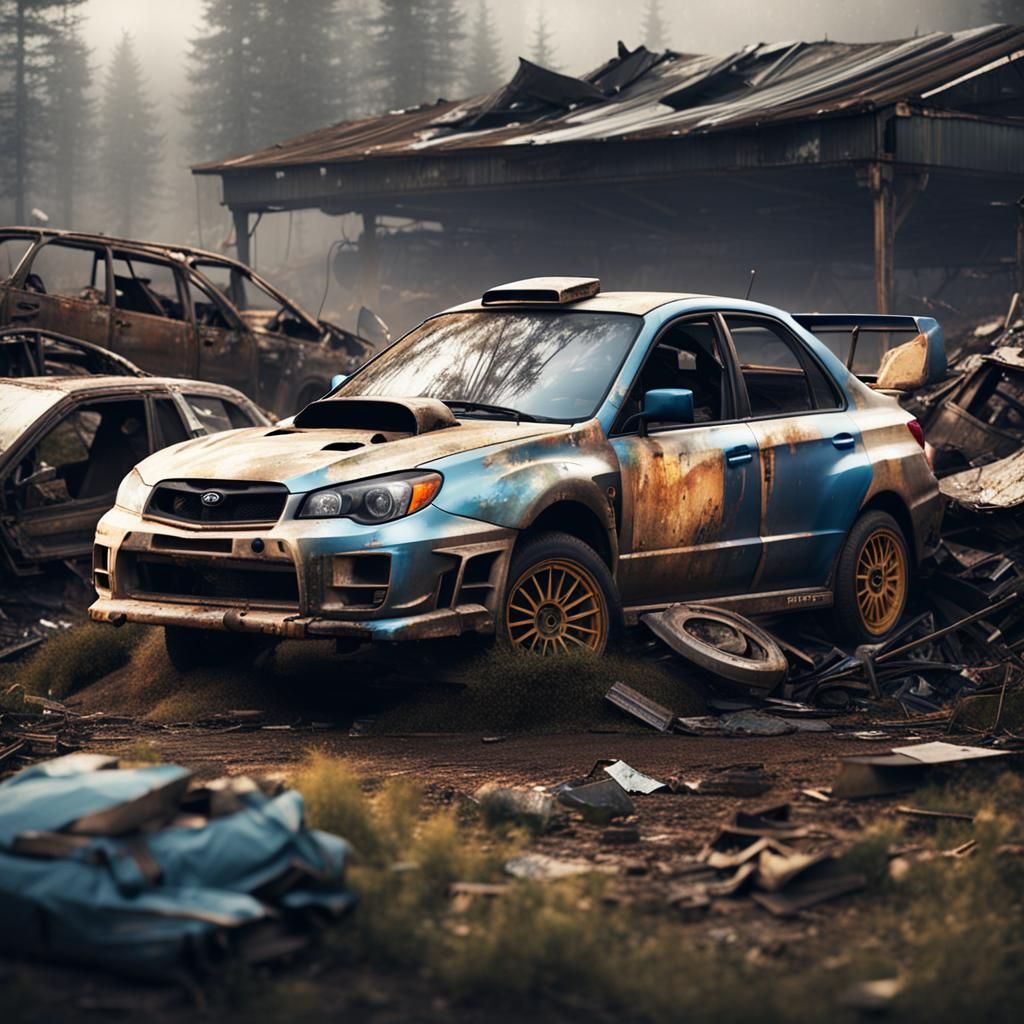 Abandoned Rally Car in Junkyard: Digital Matte Painting