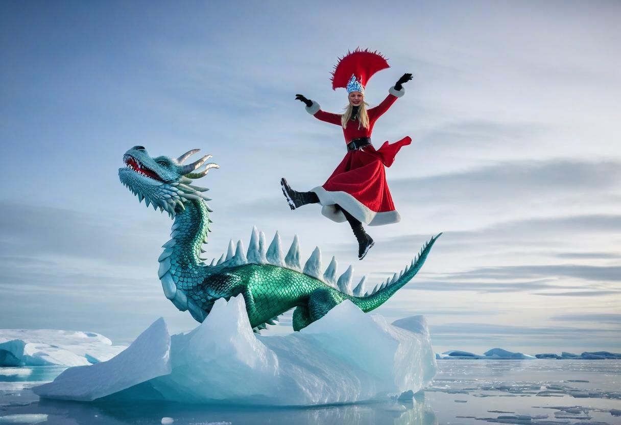 Girl Dancing on Ice Dragon Under Aurora