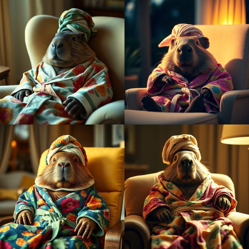 8k cinematic a real  Very funny chubby capybara with bathrob...