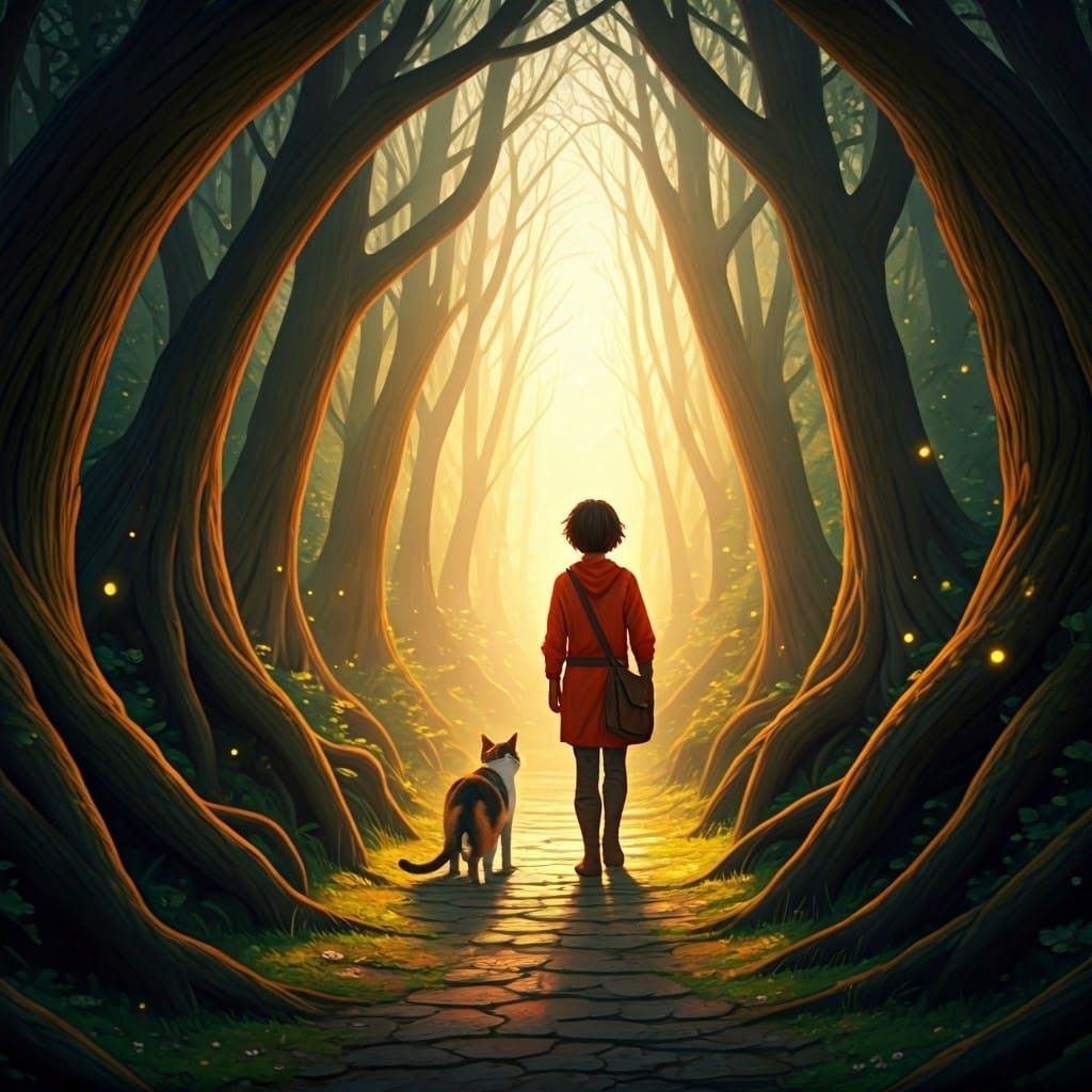 Enchanted Forest Adventure with Cat, Digital Matte Painting