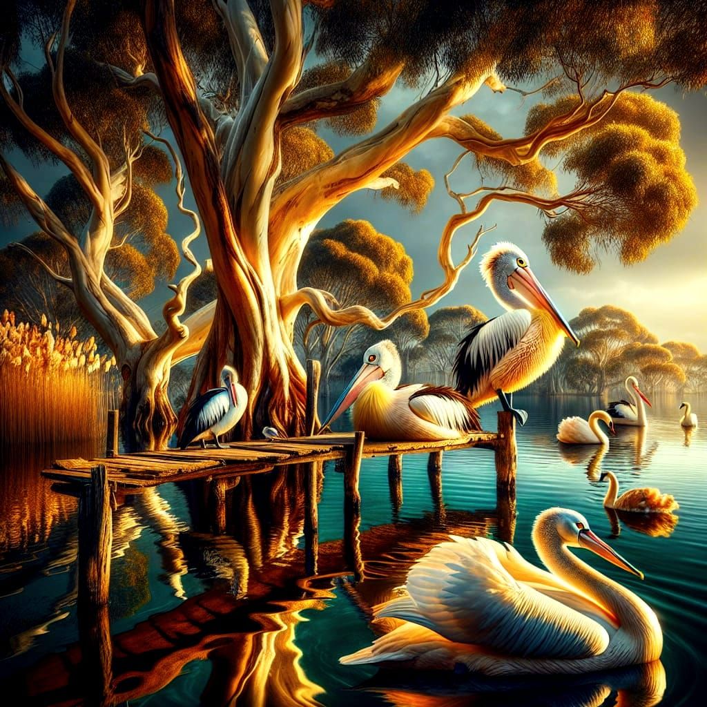 Serenely Resting Pelicans on a Weathered Jetty in a Tranquil...