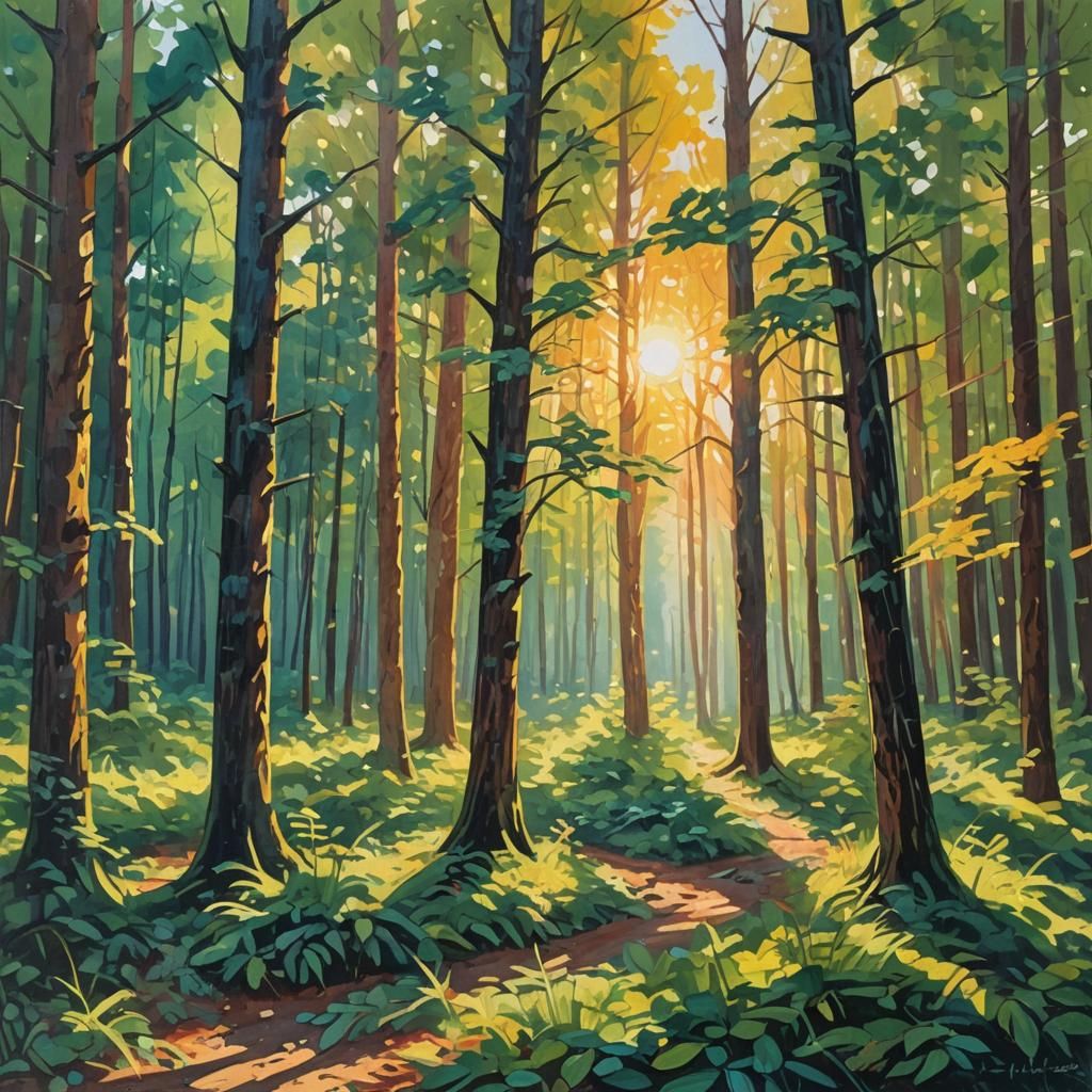 Lush Forest in Impressionist Gouache with Golden Light