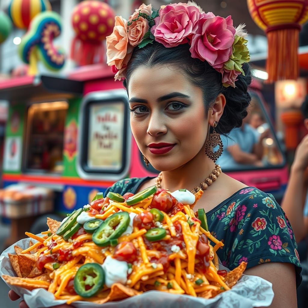 Mexican Vendor with Nachos in Frida Kahlo Style