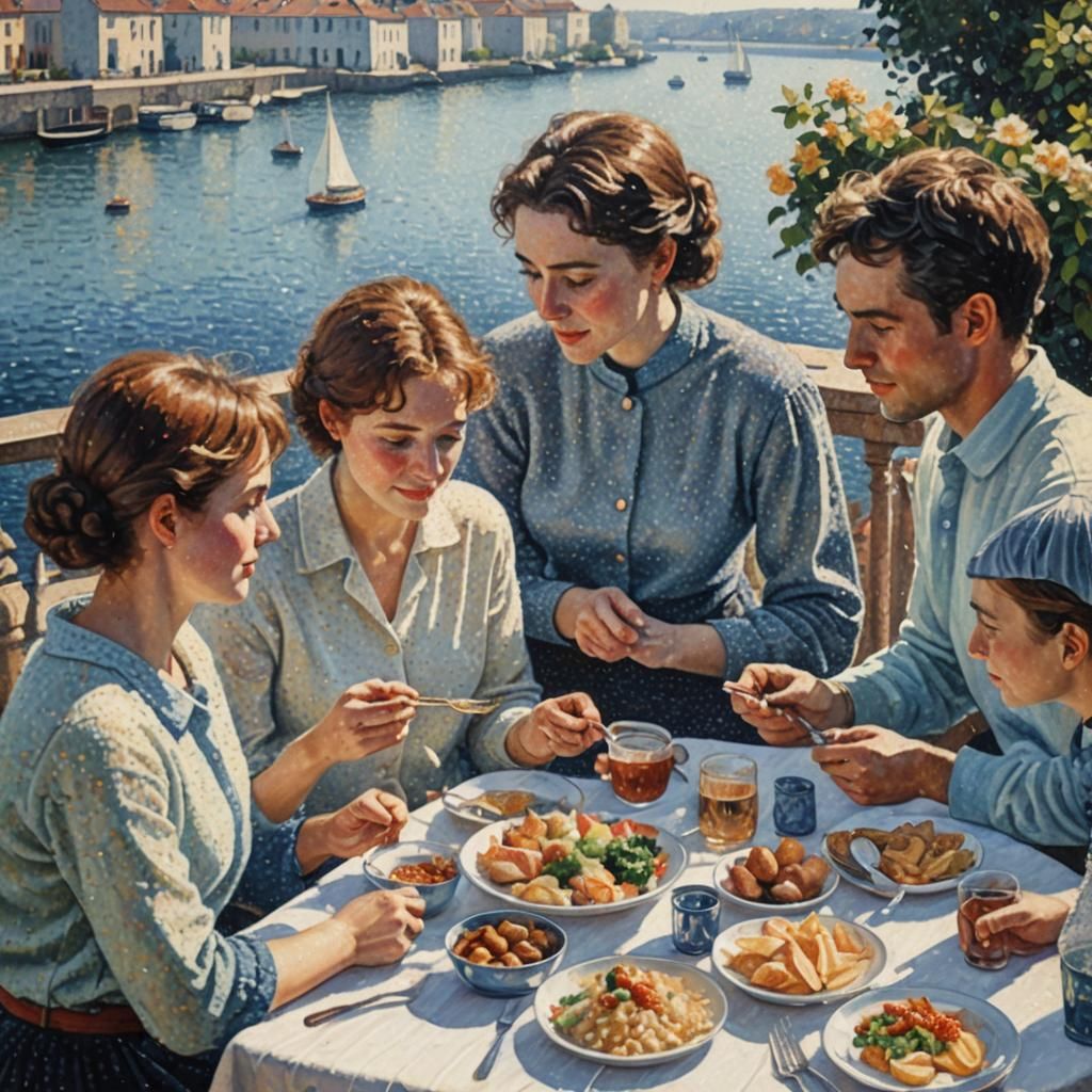 Pointillist Luncheon Scene in Dreamy Colors