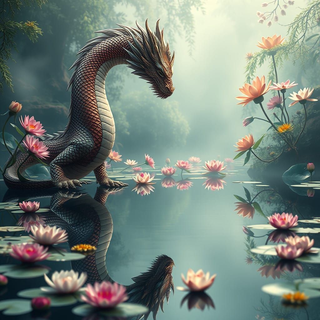 Majestic Dragon Contemplates Reflection in Serene Flower For...
