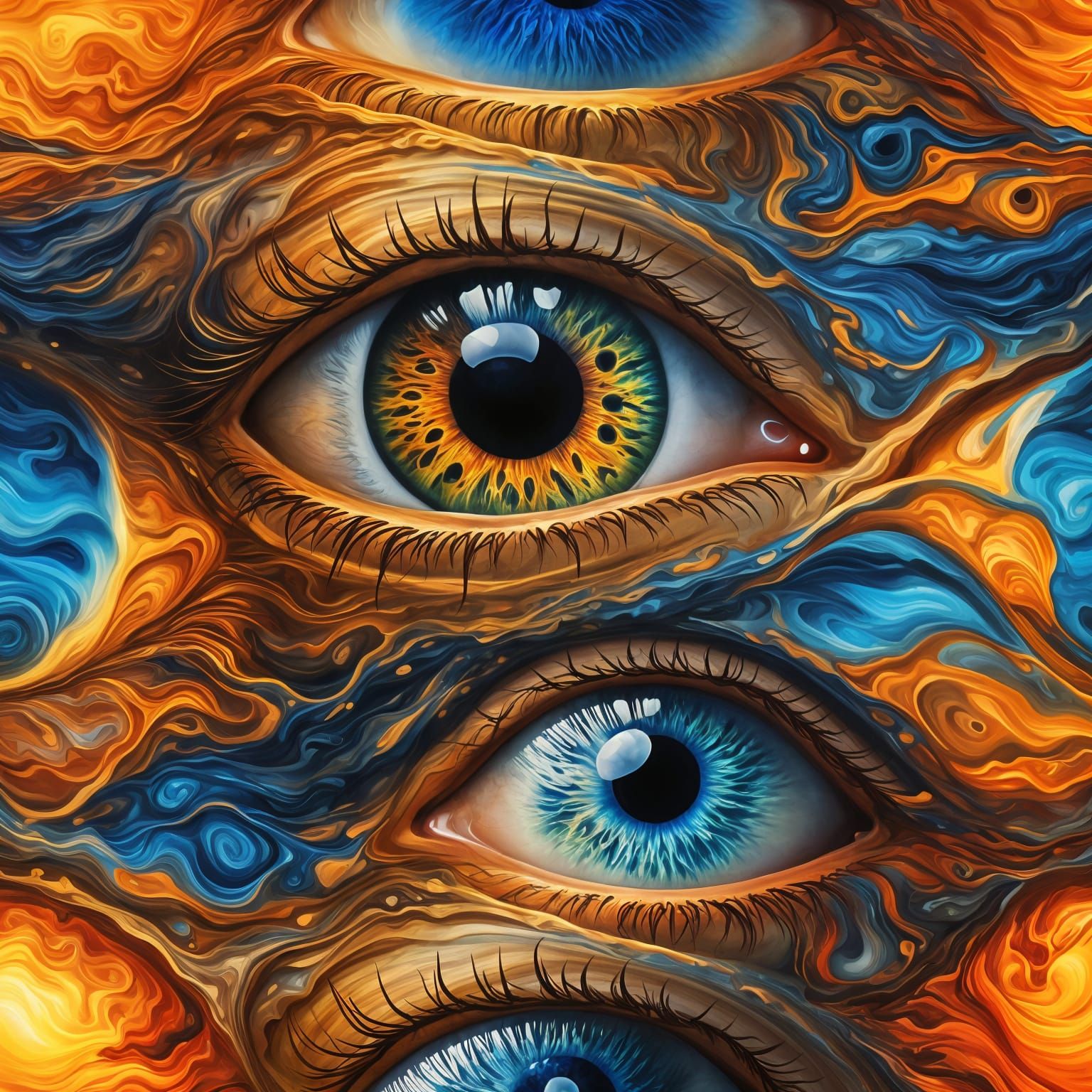 Create a hyper-realistic, surreal close-up of a human eyes, ...