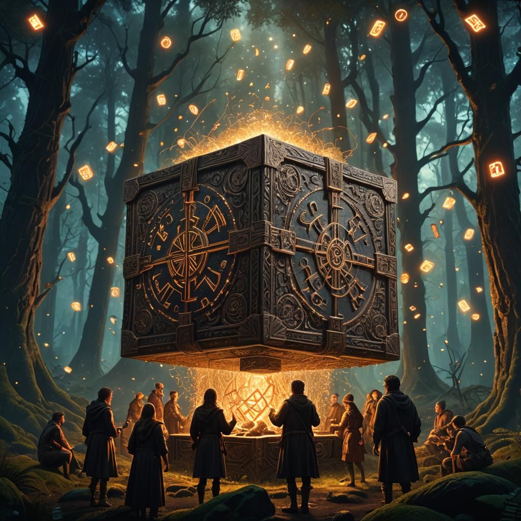Mystical Mystery Box in Dark Forest, Fantasy Concept Art