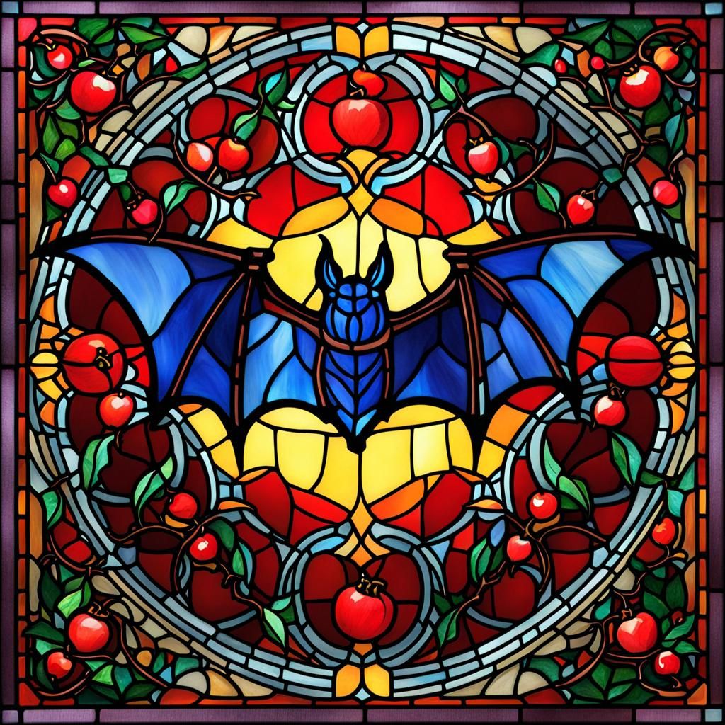 Stained Glass Bats with Pomegranates Artwork