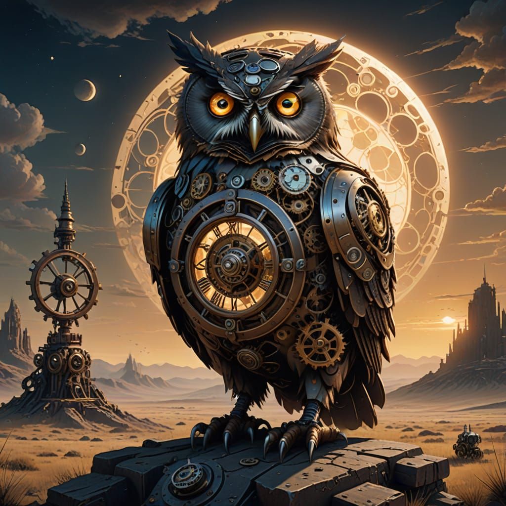 Clockwork Owl on Barren Plateau Under Twin Moons