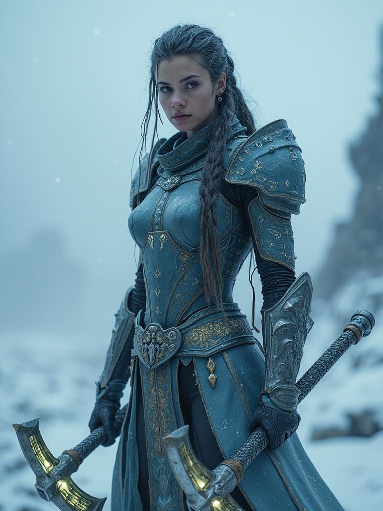 Cyberpunk Valkyrie Warrior in Snowy Landscape