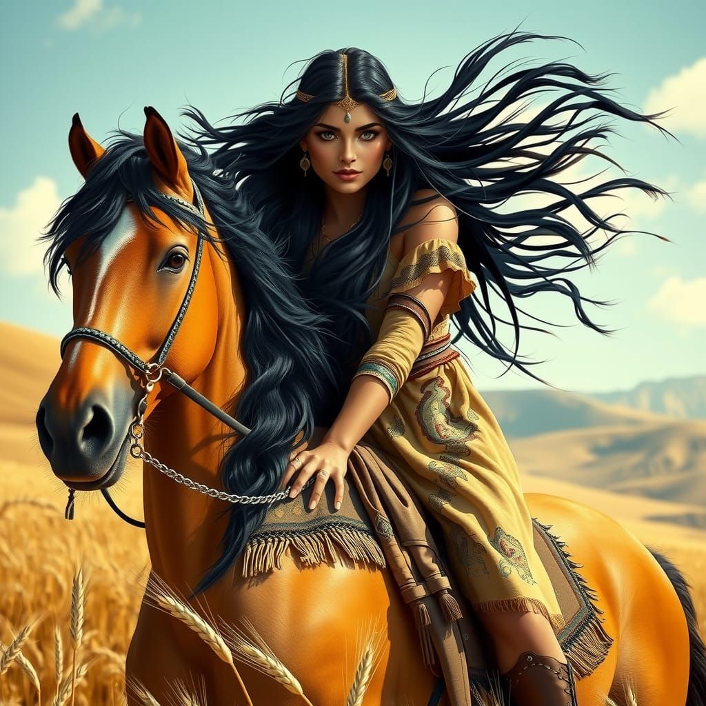 Indian Maiden on Tawny Stallion in Hyperrealism