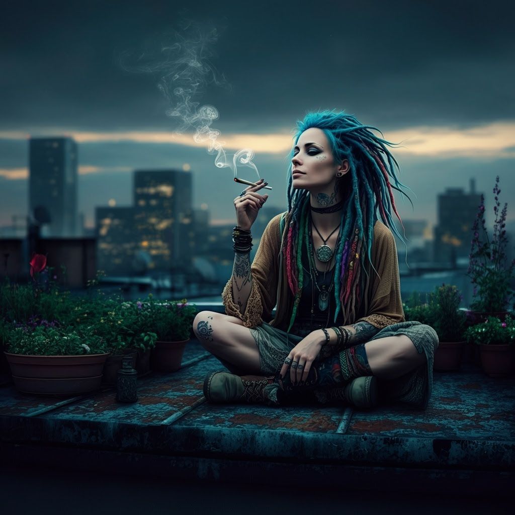 Modern Witch on Rooftop Overlooking Moody City Skyline