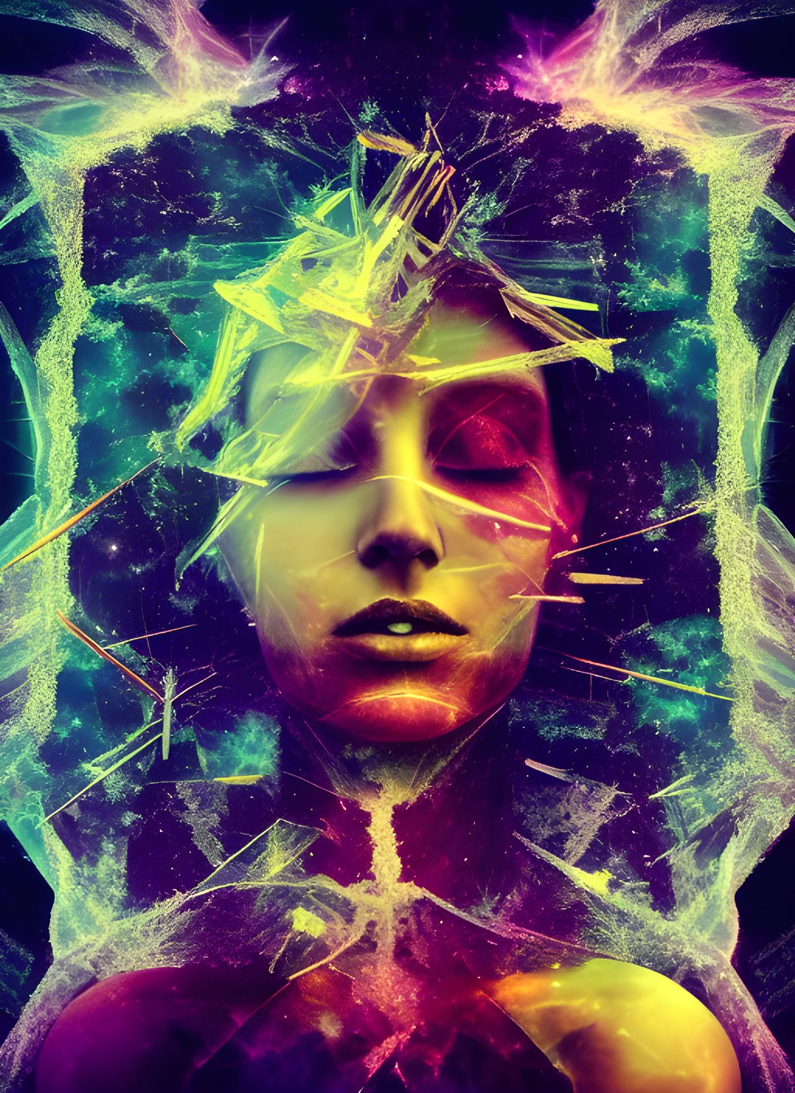 Fragmented Supernova Goddess Portrait in Cosmic Style