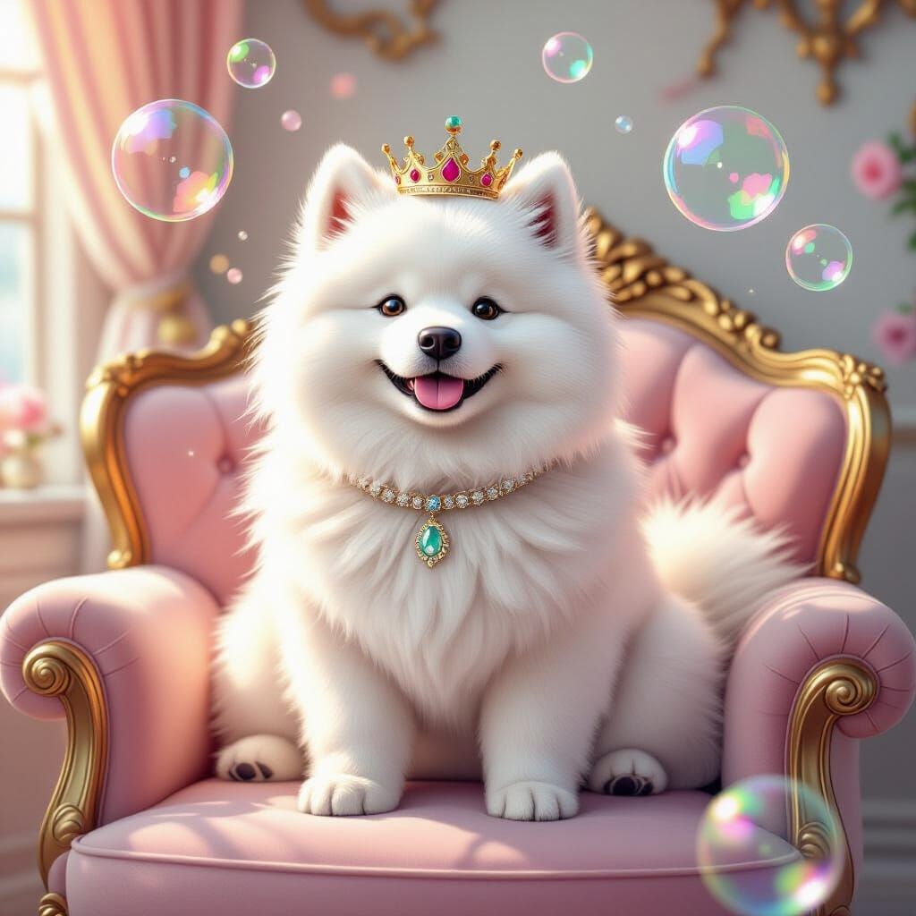 Regal Samoyed Dog with Bubbles in 3D Cartoon Style