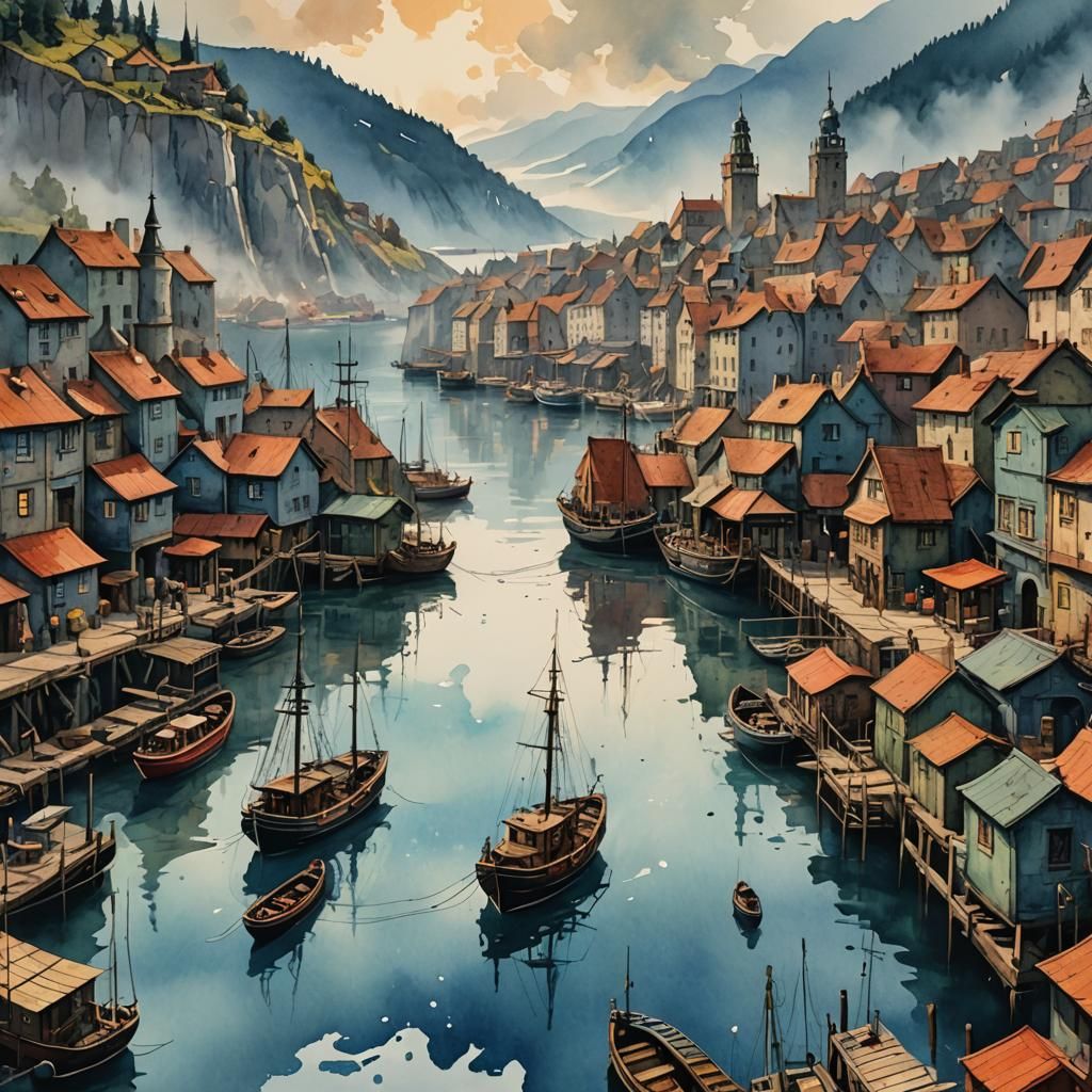 Vintage Harbor in Watercolor and Ink Painting