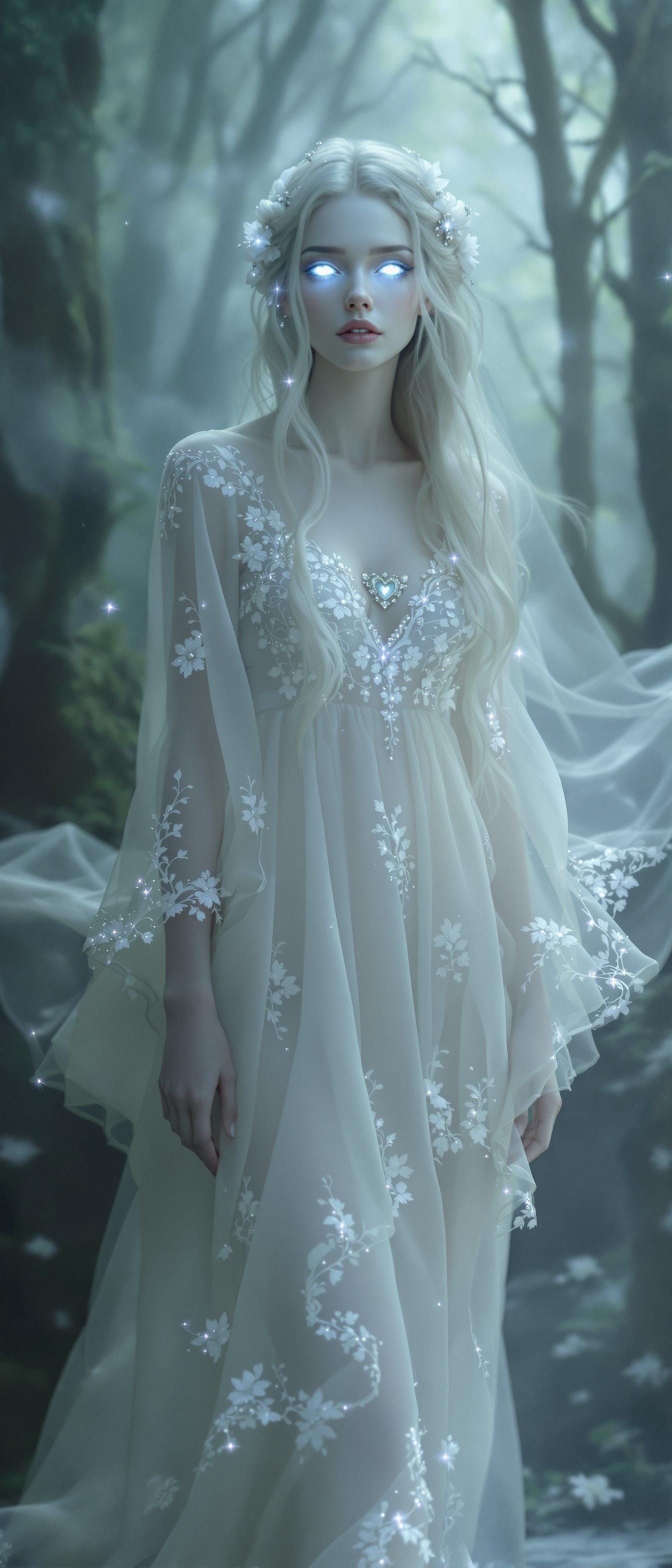 Enchanting Woman in Ethereal Gown, Radiant Silver Eyes