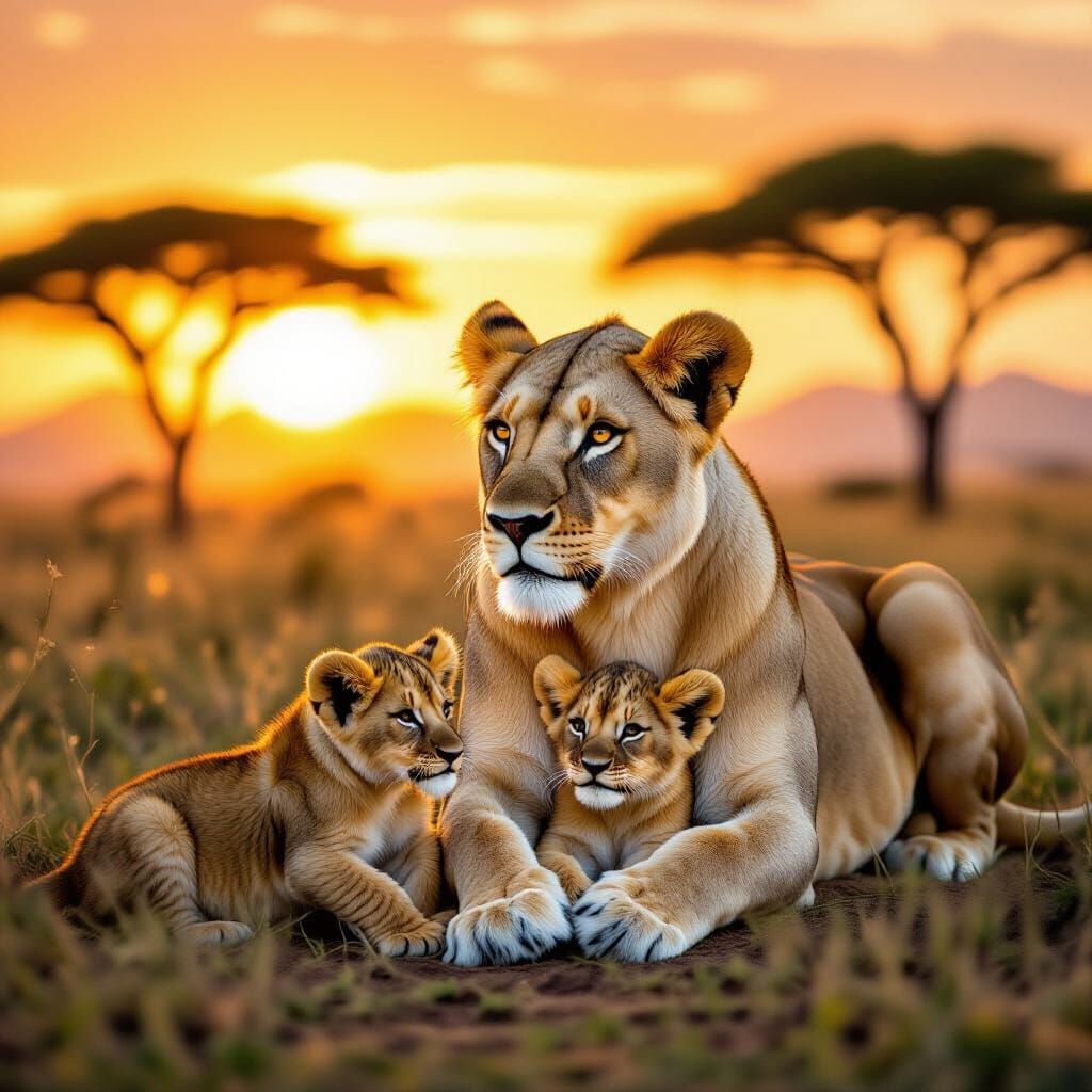 Lioness and Cubs in Golden Savanna Sunset