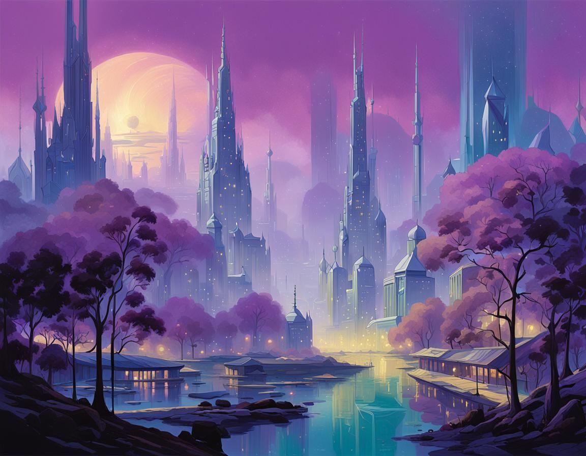 Ethereal Metropolis with Purple Trees in Dreamlike Landscape