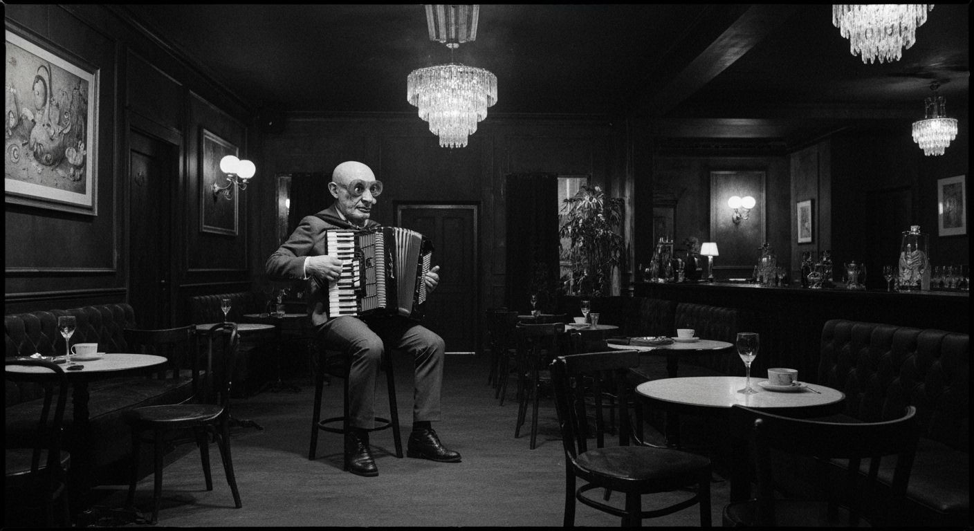 Bizarre Accordionist in Gritty Black and White Film Still