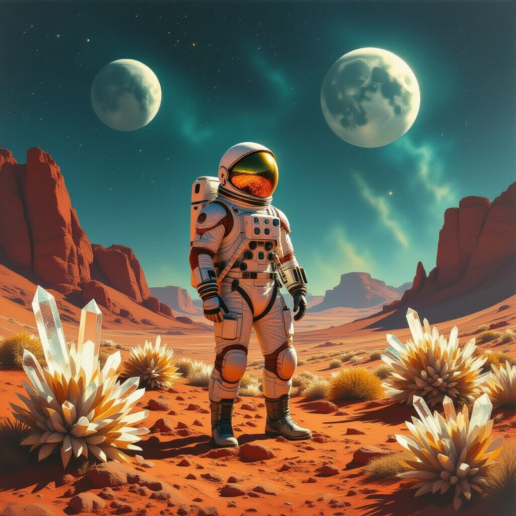Astronaut on Alien Planet in Retro-Futuristic Brass Spacesui...
