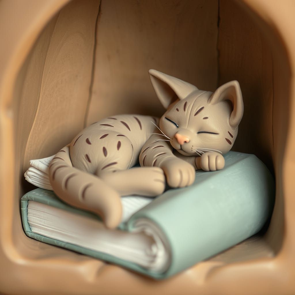Clay Kitty in Cozy Book Nook