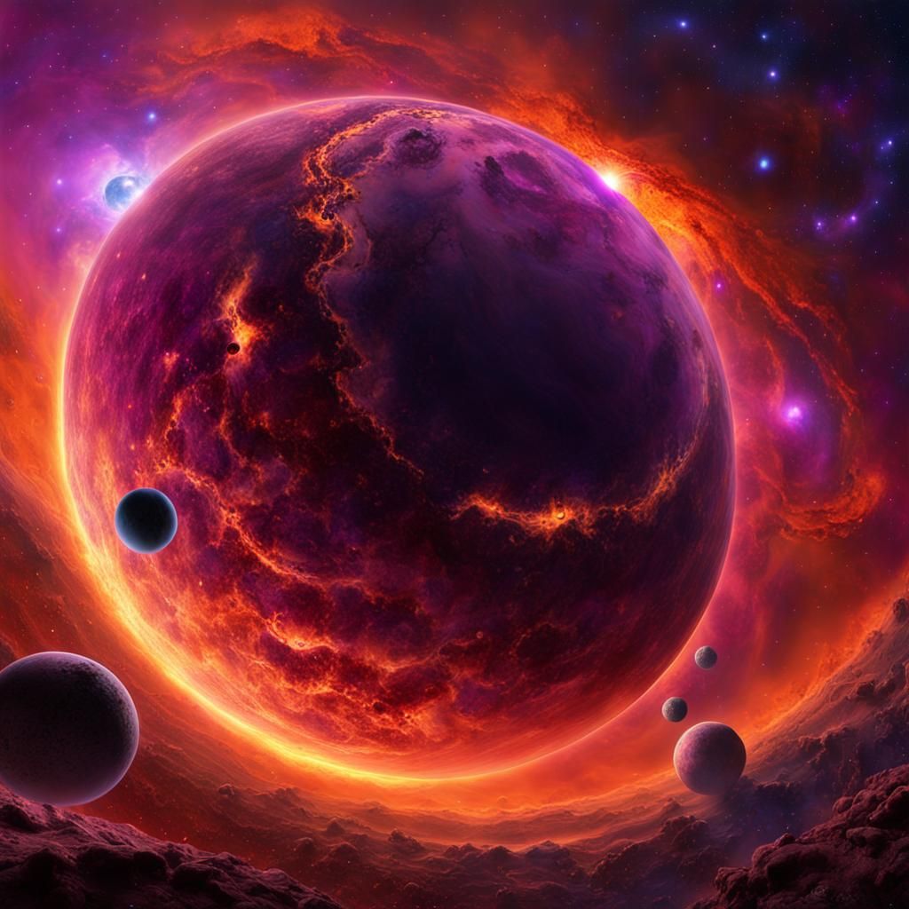 Purple Magma Planet with Orange Nebula in Space