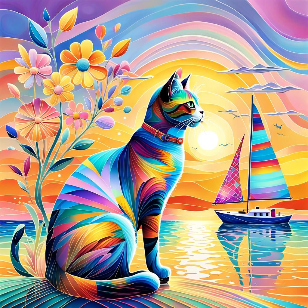 Cat Contemplates Sunset in Abstract Expressionism