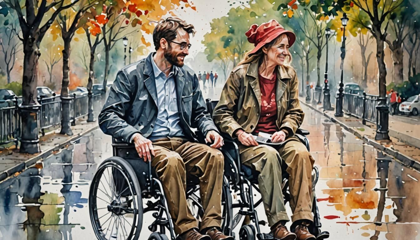 Disabled Couple's Love: a Gouache Style Watercolour