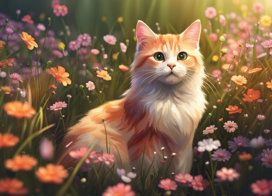 Cute Cat in Flower Meadow: 8k Digital Art