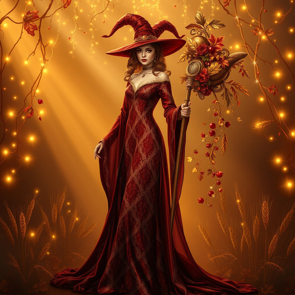 Art Nouveau Harlequin Witch in Thanksgiving Setting