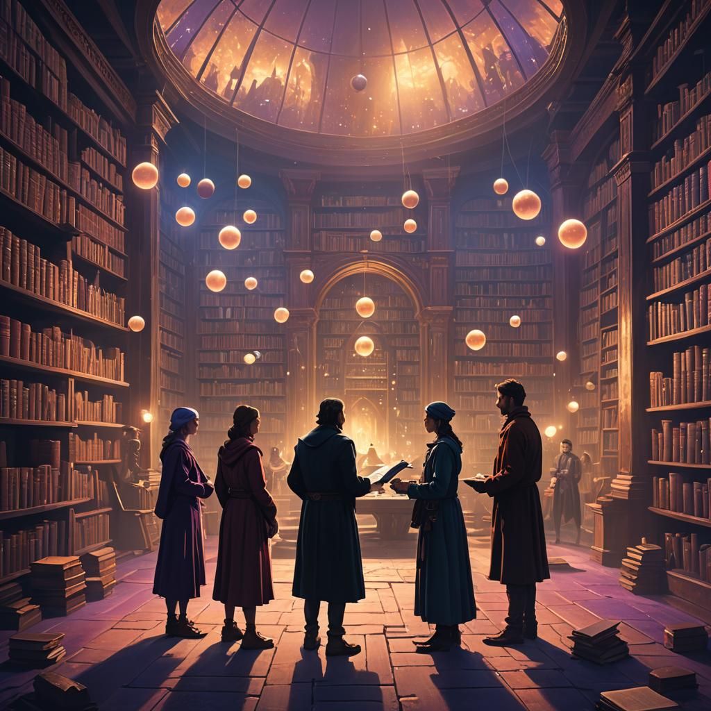 Mystical Library Scene with Magicians in Fantasy Art