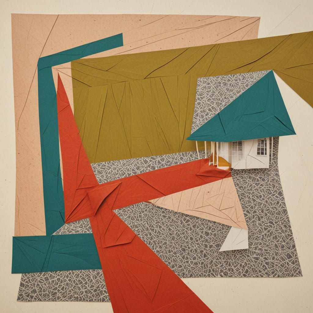 Origami House in Forest, Cubist Art Style